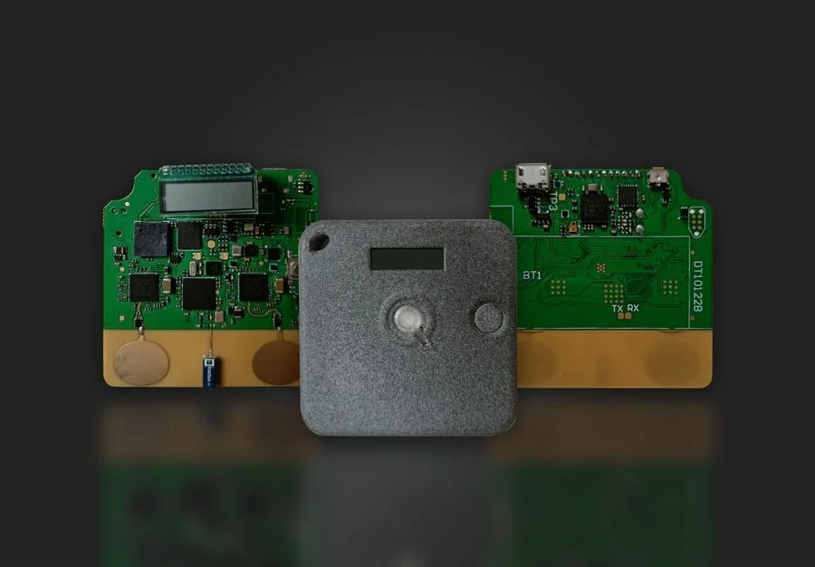 tracking people inside the building. There are UWB  with 2 antennas(used for triangulation: calculate distance and angle ), BLE to communicate with own smartphone and make visualization on Mobile App, accelerometer, and  Gyroscope